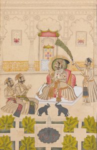 Maharana Amar Singh II toont twee zilveren olifanten, ca. 1705