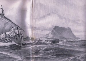 Duitse onderzeeër die door de Straat van Gibraltar reist op weg naar de Dardanellen, uit De Geïllustreerde Geschiedenis van de Wereldoorlog 1914-1915 uitgegeven door Union Berlagsefellfchaft door Willy Stoewer 