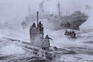 Zinken van het Britse koopvaardijschip Linda Blanche door Duitse onderzeeër U-21 bij Liverpool, Eerste Wereldoorlog, 30 januari 1915 door Willy  Stoewer 
