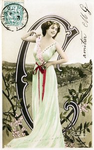 C: Bianca Toledo, artiest, zangeres en Sevillaanse danseres uit de Belle Epoque - Casino de Paris, Folies Bergere, Jardin de Paris - Alfabet op ansichtkaart