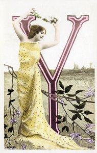 Y: Bianca Toledo, artiest, zanger en Sevillaanse danseres uit de Belle Epoque - Casino de Paris, Folies Bergere - alfabet in ansichtkaart