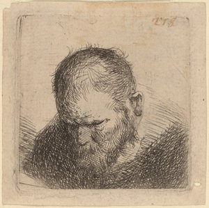 Baardige man die naar beneden kijkt door Studio of Rembrandt van Rijn