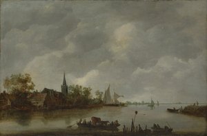Riviergezicht met een Dorpskerk door Style of Jan van Goyen