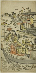 Lady Tamamushi die een waaierschijf omhoog houdt door Sugimura Jihei