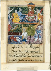 Pagina uit Verhalen van een Papegaai Tuti-nama: Achtste nacht: De jonge prins wordt gekroond, 1558-1560 door Suraju