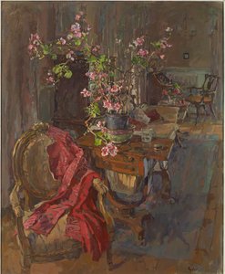 Rode jas met geranium door Susan Ryder