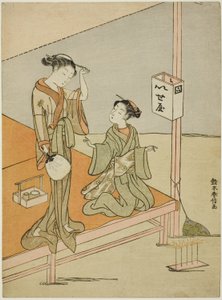 Een courtisane en haar bediende bij het theehuis aan de rivier Iseya door Suzuki Harunobu