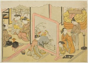 Een kopje sake voor het slapengaan (Toko sakazuki), het zesde blad van de serie "Huwelijk in Brokaatprenten, de Koets van de Deugdzame Vrouw (Konrei nishiki misao-guruma)" door Suzuki Harunobu