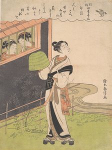 Een fluitspelende monnik Komuso, De vierde maand Uzuki, uit de serie Modieuze P... door Suzuki Harunobu