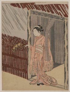 Een meisje dat zich in roze kleedt door Suzuki Harunobu
