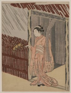 Een meisje dat zich in het roze kleedt door Suzuki Harunobu