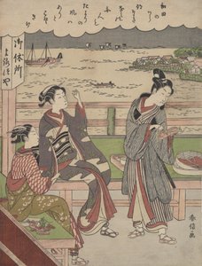 Een man en twee vrouwen in een theehuis bij Wada no Ura met uitzicht op de zee door Suzuki Harunobu