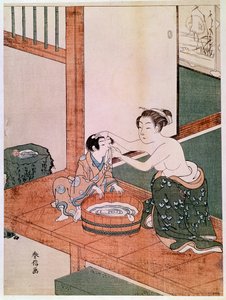 Een naakte moeder die haar kind wast in Japan bij een bassin gevuld met water. Prenten door Haronobu Suzuki (1725-1770). 1766-1768. Dim. 0,27x0,201 m. Parijs, Guimet Museum, Nationaal Museum van Aziatische Kunsten