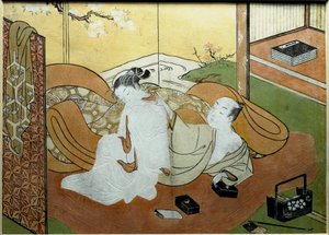 Koppel geliefden liggend in een interieur met scherm, kalligrafie doos Nishiki-e print door Suzuki Harunobu (1765) door Suzuki Harunobu