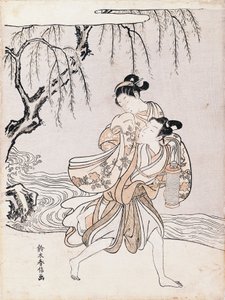 Koppel aan de oever van de rivier door Suzuki Harunobu