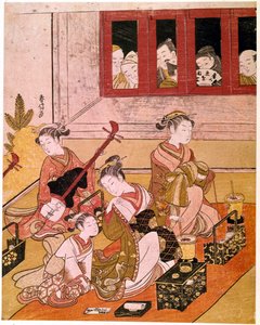 Courtisanes die muziek spelen, blootgesteld aan de ogen van gluurders. Japanse prent door Haronobu Suzuki (1725-1770). Ca. 1769. Parijs, Guimet Museum, Nationaal Museum voor Aziatische Kunsten door Suzuki Harunobu