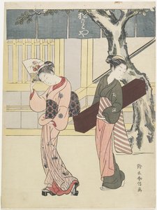Entertainer en haar begeleider voor Matsumoto-ya, ca. 1768 door Suzuki Harunobu