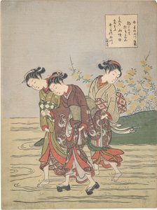 Meisjes steken de Ide no Tamagawa over door Suzuki Harunobu