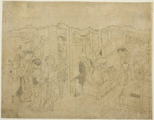 Sleutelblokdruk voor De introductie (Miai), het eerste blad uit de serie "Huwelijk in brokaatprenten, de koets van de deugdzame vrouw (Konrei nishiki misao-guruma)"