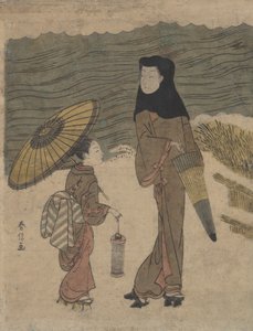 Dame met Zwarte Kap en Paraplu Wandelt met Jonge Begeleider door Suzuki Harunobu