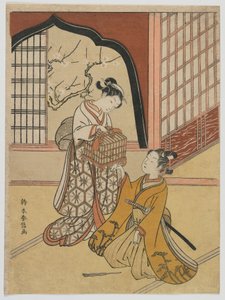 Liefhebbers met een vogelkooi, Edo-periode, ca.1766-67