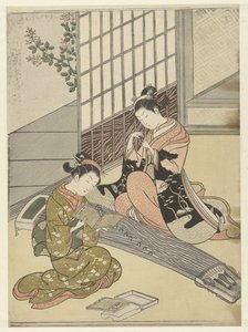 Neerstrijkende ganzen bij de koto bruggen (Acht salongezichten) door Suzuki Harunobu