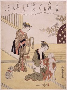 Een moeder kleedt haar jonge zoon in een kimono door Suzuki Harunobu