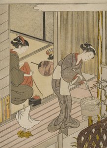 Terugkerende zeilen van het handdoekenrek door Suzuki Harunobu