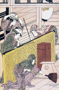 Dienaar die muizen jaagt in huis, ukiyo-e kunstdruk door Suzuki Harunobu (1725-1770), Japanse beschaving, Edo-periode