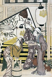 Dienaren aan het werk thuis, ukiyo-e kunstafdruk door Suzuki Harunobu, houtsnede, Japanse beschaving, Edo-periode