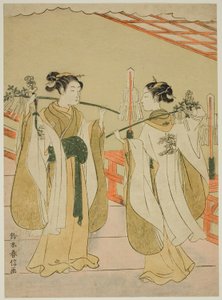 Shrine Maagden Onami en Ohatsu Dansen bij Yushima Tenjin Shrine door Suzuki Harunobu
