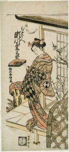 De acteur Segawa Kikunojo II als de courtisane Umegae in het stuk "Hiragana Seisuiki," uitgevoerd in het Ichimura Theater in de eerste maand, 1764