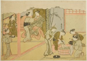 De Eerste Bevalling (Uizan), het zevende blad uit de serie "Huwelijk in Brokaatprenten, de Koets van de Deugdzame Vrouw (Konrei nishiki misao-guruma)" door Suzuki Harunobu