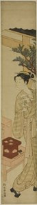 De serveerster Osen van het Kagiya-theehuis met een waaier door Suzuki Harunobu