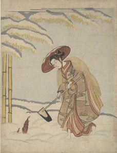 Vrouw die bamboescheuten graaft in de sneeuw, of parodie op Meng Zong Moso, uit Vierentwintig..., ca. 1765 door Suzuki Harunobu