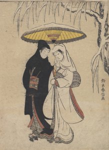 Jonge Geliefden Wandelen Samen onder een Paraplu in een Sneeuwstorm Kraai en Reiger, ca. 1769 door Suzuki Harunobu