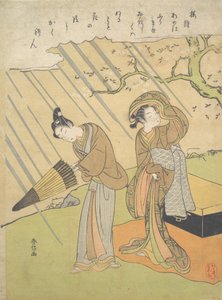 Jonge man en vrouw betrapt in de regen terwijl ze genieten van kersenbloesems Sakura-gari..., ca. 1768-70 door Suzuki Harunobu