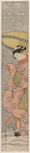 Jonge vrouw die onder een paraplu in de sneeuw staat, 1767-1768 door Suzuki Harunobu