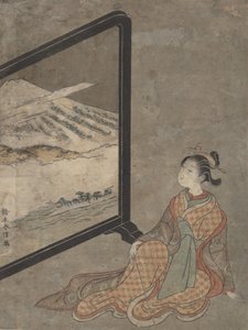 Jonge vrouw met een pijp in haar hand die naar landschap op een scherm kijkt door Suzuki Harunobu