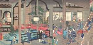 Het interieur van het Gankiro-theehuis in Yokohama, april 1861 door Suzuki Hiroshige