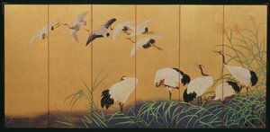 Zesvoudig scherm met riet en kraanvogels, Edo-periode, Japans (kleur op verguld zijde)