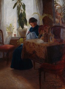 Interieur met vrouw die naait