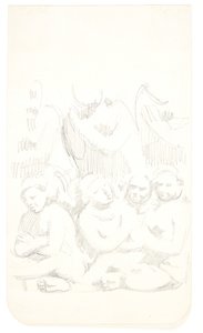 Groep met zittende figuren met gekruiste armen op de voorgrond. Studieblad naar reliëfs in Borobudur, Java. door Svend Rathsack