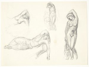 Studieblad met vier schetsen voor de figuren 