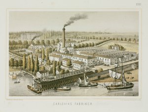 Textielfabriek, Carlsviks, Stockholm, Zweden, c.1840 (kleur litho) door Swedish School