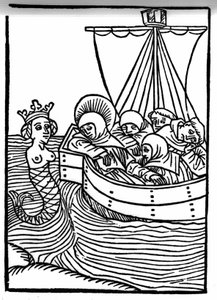 De legende van Sint Brendan (Brandan), held en Ierse heilige van de 6e eeuw. Alle monniken vallen in slaap bij het zingen van de Sirenen. Gravure van "Die Wunderbare Meerfahrt des Hl. Brandan." Bale door Swiss School