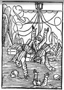 De legende van Sint Brendan (Brandan), held en Ierse heilige van de 6e eeuw. Schepen zinken in de Cleves Zee. Gravure van 