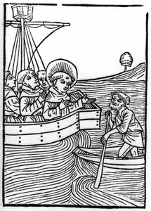 De legende van Sint Brendan (Brandan), held en Ierse heilige van de 6e eeuw: Broeders ontmoeten een dwerg aan het einde van de wereld. Gravure van 