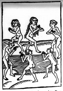 De legende van Sint Brendan (Brandan), held en Ierse heilige van de 6e eeuw. Veroordeelde zondaars. Gravure uit 