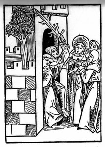 De legende van Sint Brendan (Brandan), held en Ierse heilige van de 6e eeuw. Een van de monniken wordt gevangengenomen. Gravure van "Die Wunderbare Meerfahrt des Hl. Brandan." Bale door Swiss School